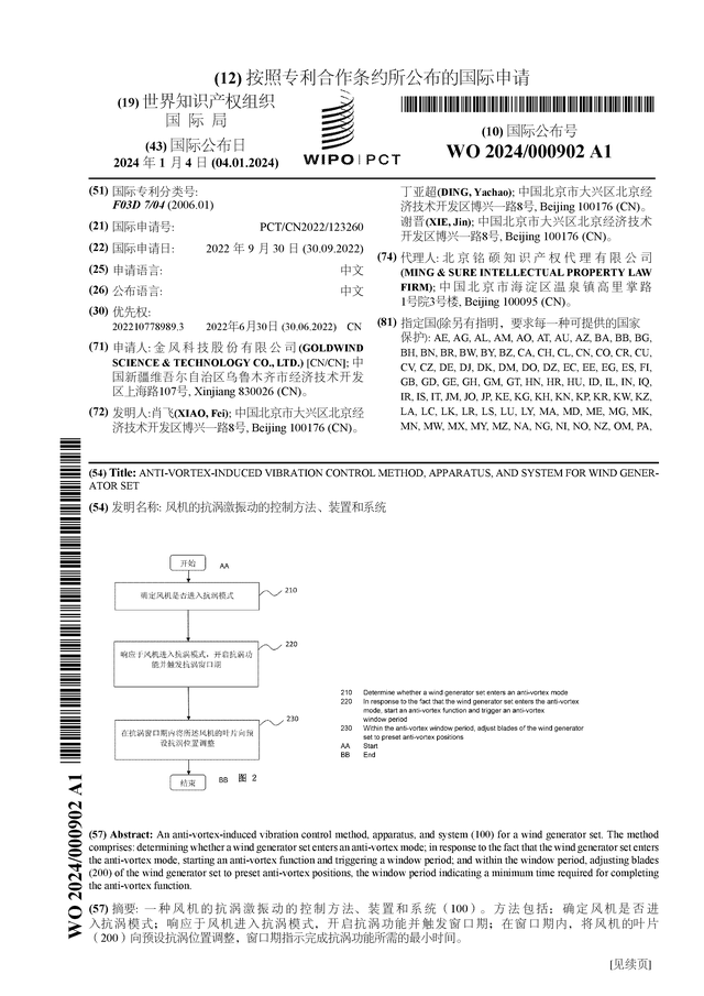 金風(fēng)科技公布國際專利申請：“風(fēng)機(jī)的抗渦激振動的pp電子控制方法、裝置和系統(tǒng)”(圖1)